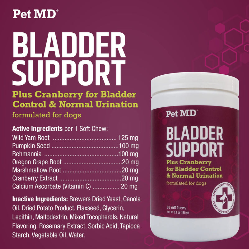 Pet MD Bladder Support Plus Cranberry for Dogs - Support Bladder Control & Urinary Tract Health - Help Relieve Dog UTI & Incontinence - Wild Yam Root & Cranberry Bladder Bites for Dogs - 60 ct - BeesActive Australia