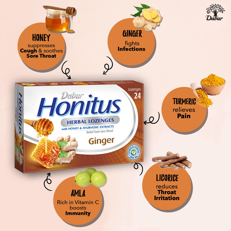 Dabur Honitus Herbal Lozenges | Effective Relief from Cough & Sore Throat Pain | Ginger Flavor - 24 Lozenges - BeesActive Australia