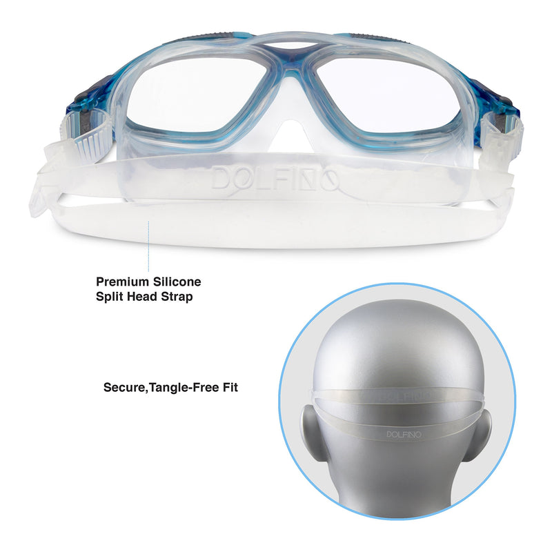 [AUSTRALIA] - Dolfino Pro Silicone Visionist Swim Mask, Italian Design, Wide Angle Viewing, Tinted Lenses, No Leaking Anti Fog UV Protection Goggles Includes Case for Adults Men Women Youth, Clear/Blue Visionist Mask + Case, Clear/Blue 