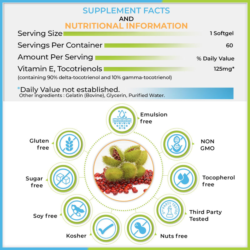 E Annatto Tocotrienols Deltagold 125mg, Vitamin E Tocotrienols Supplements 60 Softgel, Tocopherol Free, Supports Immune Health & Antioxidant Health (90% Delta & 10% Gamma) (Pack of 1) - BeesActive Australia