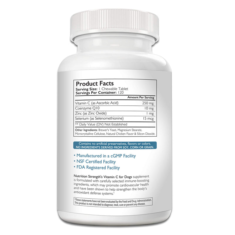 Nutrition Strength Vitamin C for Dogs to Support Cardiovascular Health, Help Strengthen The Immune System, Boost Free Radical Defenses and Sustain Collagen Synthesis, 120 Chewable Tablets - BeesActive Australia