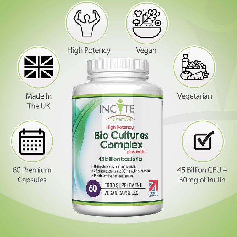 Bio Cultures Complex 45 Billion CFU with 30mg of Inulin Friendly Bacteria 60 Premium High Strength Vegan Capsules 15 Bacteria Strains Suitable for Vegans Vegetarians Made in The UK (45 Billion CFU) - BeesActive Australia