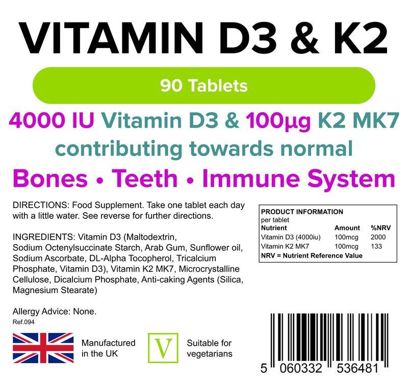 Lindens Vitamin D3 4000IU & MK7 K2 | 90 Tablets | UK Made | Immune Health, Bones, Teeth, Muscle, Blood Calcium Absorption | High Strength Vitamin D & K2 Supplement | 3 Months Supply | Vegetarian - BeesActive Australia