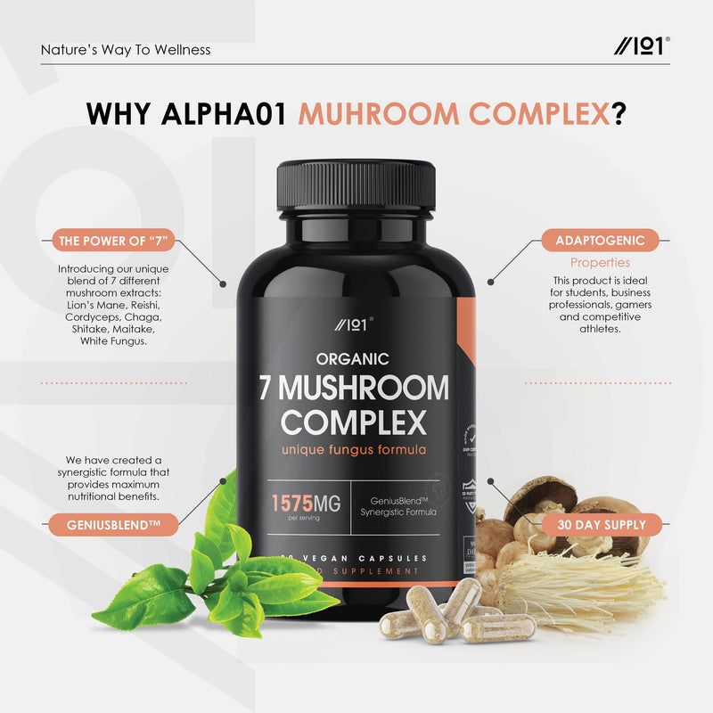 Organic Mushroom Complex 1575mg | Reishi, Cordyceps, Lion's Mane, White Fungus, Maitake, Shitake & Chaga | Non-GMO, Halal. 90 Vegan Capsules 1 - BeesActive Australia
