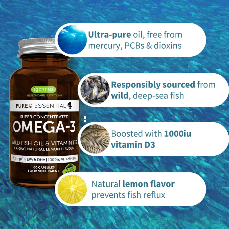 Omega-3 Wild Fish Oil & Vitamin D3 1000IU, 1-a-Day, Highly Concentrated EPA & DHA, Fast-Acting rTG, Natural Lemon Flavour, 60 Softgels, by Igennus - BeesActive Australia