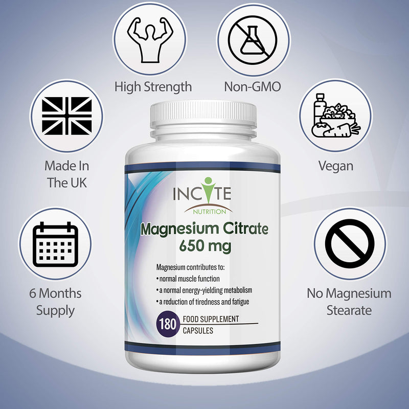 Magnesium Citrate Supplement 650mg | 180 Premium Vegan Capsules not Tablets (6 Month�s Supply) | High Strength Magnesium Citrate | Suitable for Vegetarian | Made in The UK by Incite Nutrition� - BeesActive Australia
