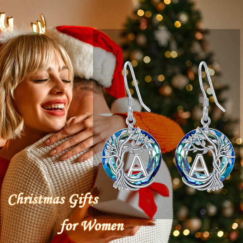TOUPOP Earrings for Women Tree of Life Earrings with A-Z Initial Letter 925 Sterling Silver Hooks Drop Earrings Tree Dangle Earrings with Blue Circle Crystal Birthday Jewelry Gifts for Women Girls Friends M - BeesActive Australia
