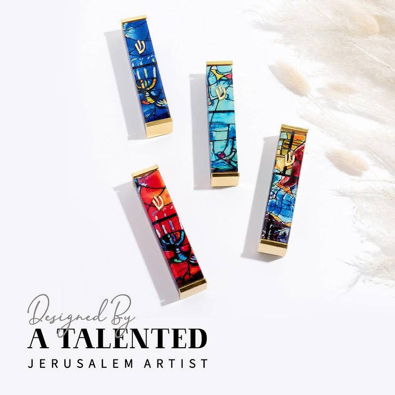SURI Mezuzah Case - 4 Inch Modern Mezuzah for Door with Turquoise Marc Chagall Design, Made of 24K Gold-Plated Aluminum. Gift Box & a Non-Kosher Scroll are Included Turquoise & Gold - BeesActive Australia