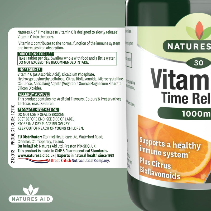 Natures Aid Vitamin C, Time Release 30 Tablets, 1000 mg (with Citrus Bioflavonoids, Slow Release, for the Normal Function of the Immune System, Vegan Society Approved, Made in the UK) Vitamin C Time Release 1000 mg, 30 Tablets - BeesActive Australia