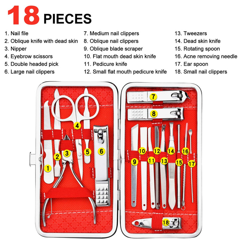 Manicure Set CHENYBNH Stainless Steel Nail Clippers 18 in 1 Professional Pedicure Kit for Woman & Man, Nail Care Tools with Luxurious Case(RED) - BeesActive Australia