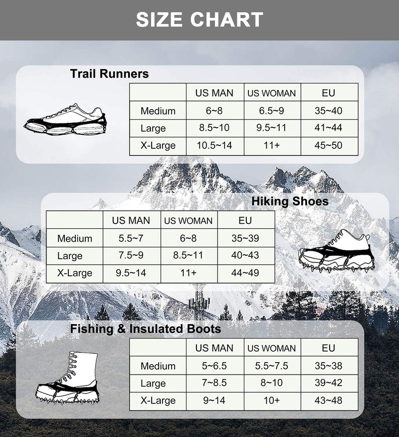 Unigear Ice Cleats, Snow Traction Cleats Crampons for Shoes and Boots with 19 Stainless Steel Spikes for Walking, Hiking, Fishing and Climbing Black Large - BeesActive Australia