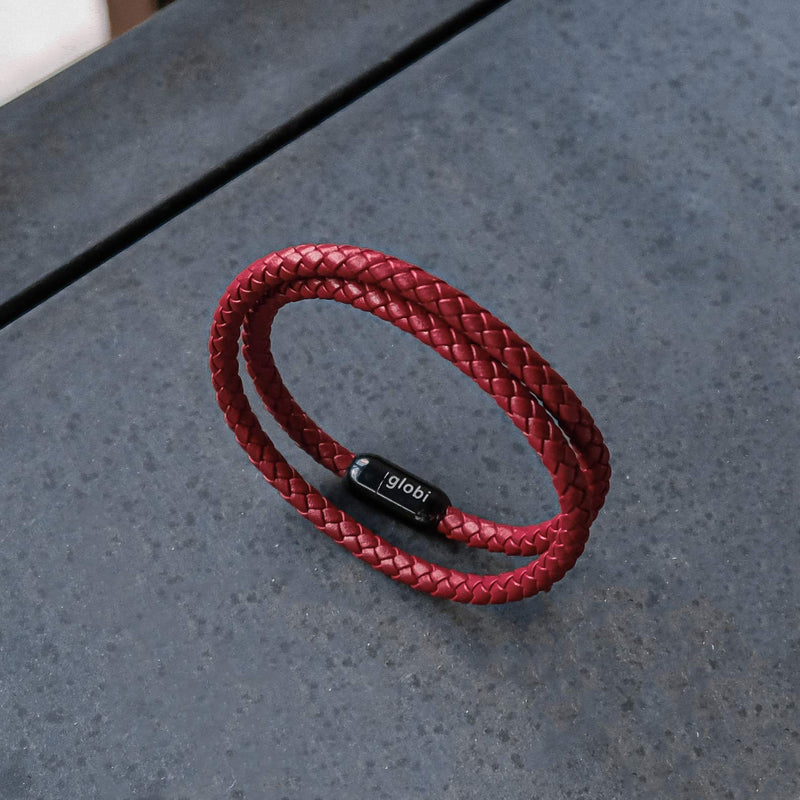 globi Leather Bracelet For Men | Genuine Wrap Braided Leather Cuff Bangle Bracelet with Magnetic Stainless Steel Clasp For Men/Women Red 8 Inches - BeesActive Australia