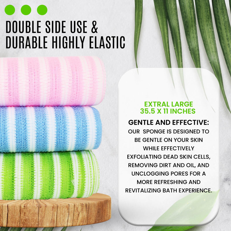 Exfoliating Back Scrubber Bath Wash Cloths - 35.5 x 11 inches Pack of 3 - Pink(Soft),Blue(Medium), Green(Frim) - Elastic, Durable and Gentle Body Scrub Cloth for Effective Cleaning - Korea Made 3 Colors (Light Blue, Natural Green, Elegant Pink) - BeesActive Australia
