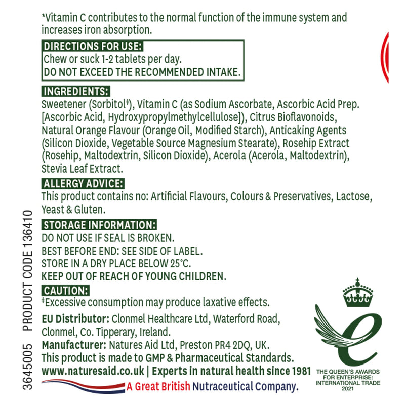 Natures Aid Chewable Vitamin C 500 mg, Sugar Free, Suitable for Vegans, 50 Tablets - BeesActive Australia