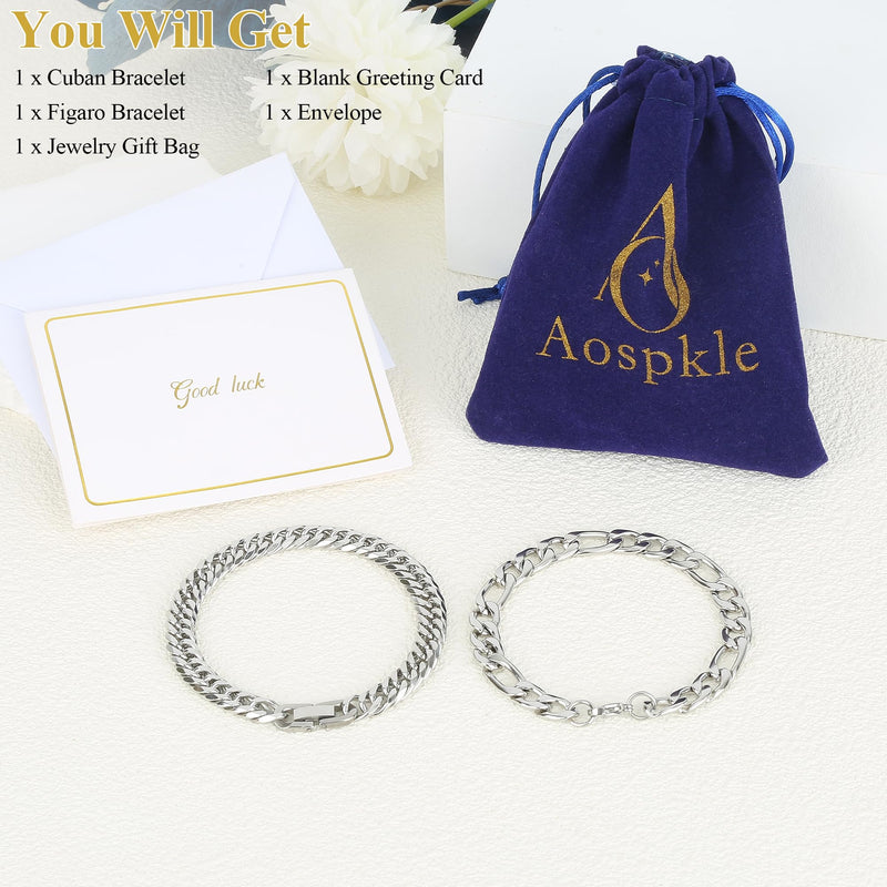 Aospkle 2PCS Cuban Link Figaro Bracelet, Silver Gold Black Sturdy 316L Stainless Steel Cuban Link Chain for Men Jewelry Set with Gift Message Card 8mm, 7/8/9 Inches 9 inches - BeesActive Australia