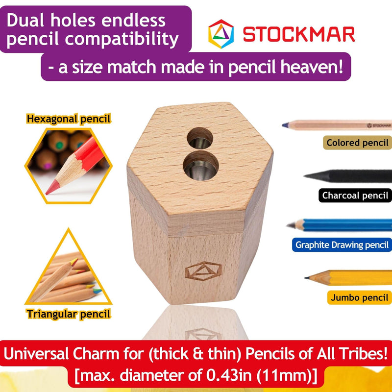 Stockmar Dual Pencil Sharpener FSC Lime Wood for Thin and Thick Pencils - Triangular and Hexagonal Shape - Colour Giants Stockmar, Waldorf Art Supplies, Made in Germany - BeesActive Australia