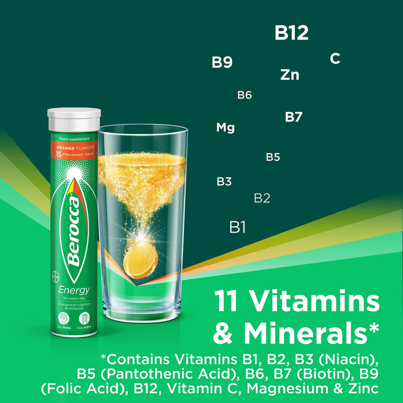 Berocca Energy Vitamin Tablets Orange Flavour, High Dose of Vitamin B Complex, Vitamin B12,60 Tablets (4 x 15)- 2 Months Supply(Packaging May Vary) - BeesActive Australia