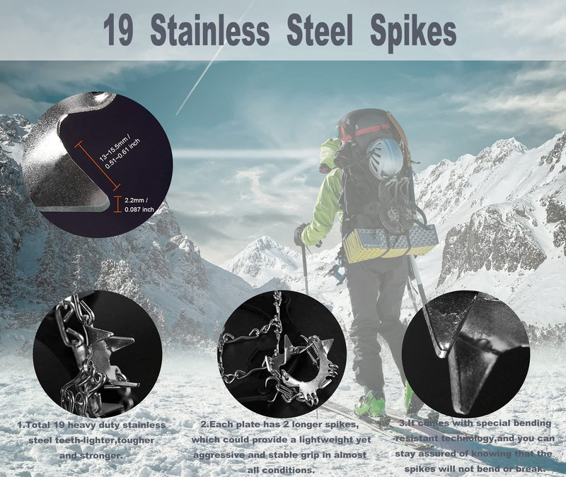 Crampons Ice Cleats for Snow Boots and Shoes Traction Grips Women Men Anti Slip 19 Stainless Steel Spikes Safe Protect for Hiking Fishing Walking Climbing Mountaineering Jogging Large - BeesActive Australia