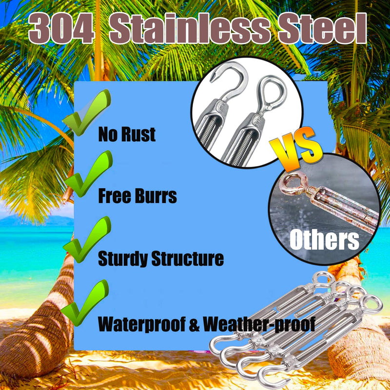 Metown, Turnbuckles Hook, 304 Stainless Steel Hook & Eye Turnbuckle M4/ M6/ M8 Heavy Duty Wire Rope Tension Cable Railing Kit for Sun Shade sail Installation (M8 2pack) M8 2Pcs - BeesActive Australia