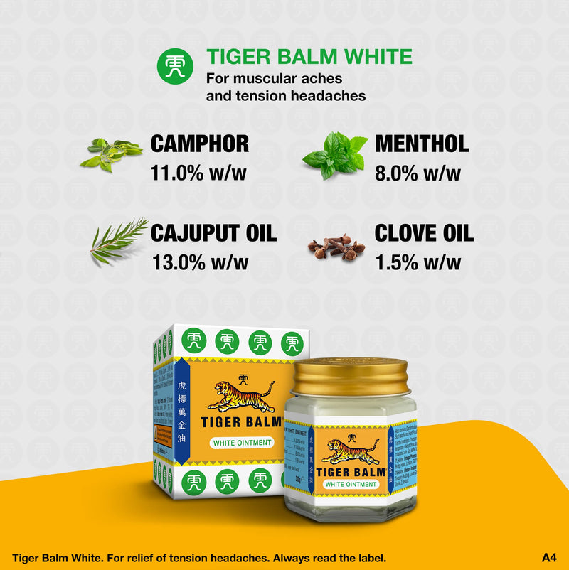 Tiger Balm White Ointment 30g - For the Treatment of Tension Headaches and Temporary Relief of Muscular Aches and Pains - BeesActive Australia