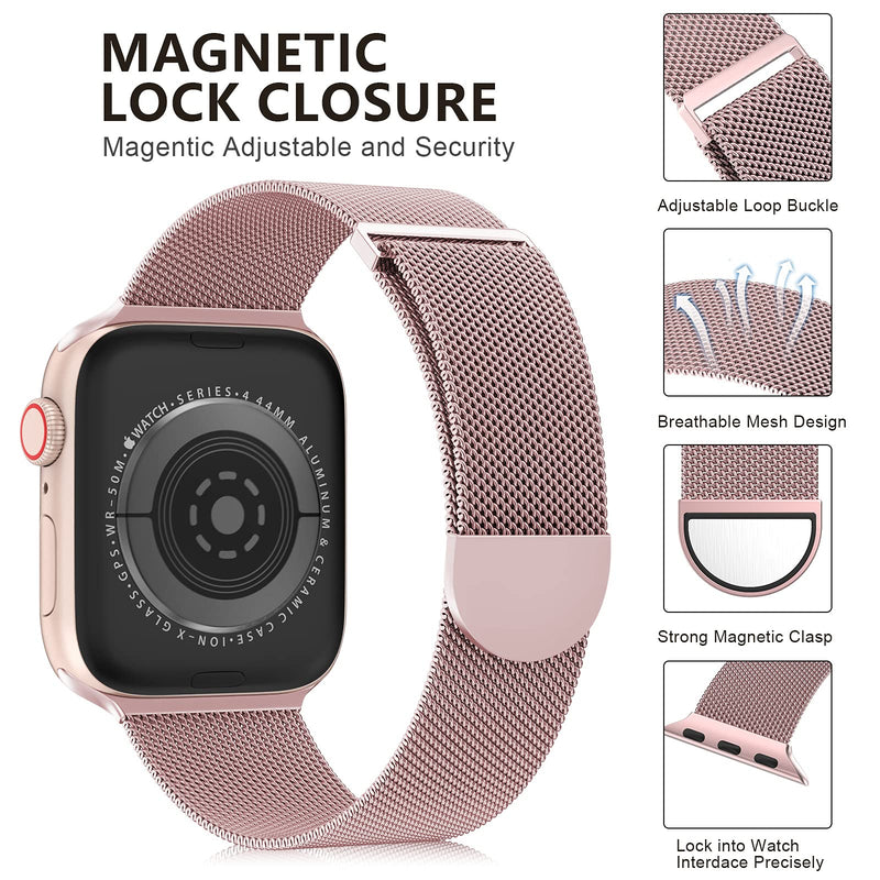 OULUOQI Compatible with Apple Watch Band Series SE 7 6 5 4 3 2 1 45mm 41mm 44mm 40mm 42mm 38mm Women and Men, Stainless Steel Mesh Loop Magnetic Clasp Replacement for iWatch Band ( Rose Gold） A--Rose Gold 42mm/44mm/45mm - BeesActive Australia