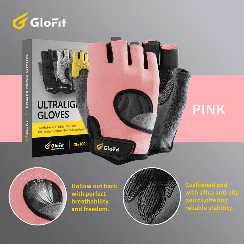 [AUSTRALIA] - Glofit FREEDOM Workout Gloves, Knuckle Weight Lifting Shorty Fingerless Gloves with Curved Open Back, for Powerlifting, Gym, CrossFit, Women and Men Pink Medium 