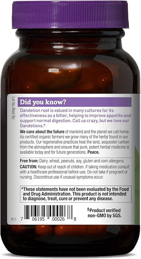 Organic Dandelion Root - Traditional Herbal Bitter, 90 Vcaps,(Oregon's Wild Harvest) by Oregon's Wild Harvest - BeesActive Australia