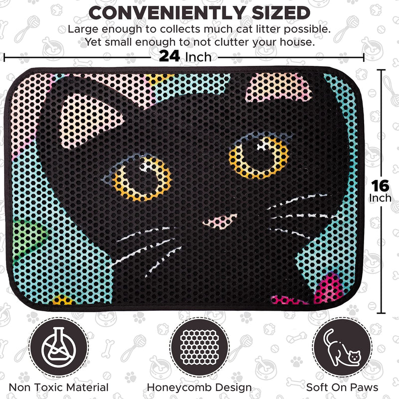 FOREVERPETSUPPLIES Cat Litter Mat 24"x16", Litter Box Mat Large, Double Layer Litter Trapping Mat, Water & Urine Proof Kitty Litter Mat for Litter Box, Colorful Kitty Design Cat Mat Black - BeesActive Australia