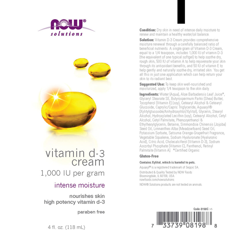 NOW Solutions, Vitamin D-3 Cream 1,000 IU Per Gram, High-Potency, Intense Moisture, 4-Ounce - BeesActive Australia