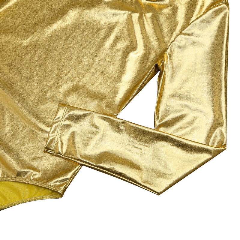 [AUSTRALIA] - zdhoor Woman's One-Piece High Cut Leotard Long Sleeve Swimsuit PVC Leather Bodysuit Catsuit Jumpsuit Gold Large 