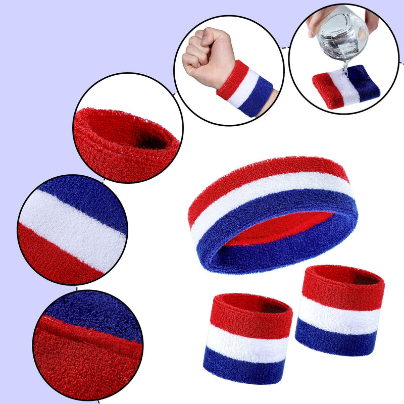 5 Pieces Striped Sweatbands and Striped Socks Set Include 1 Set Wrist Sweatbands Headbands and 1 Pair High Striped Sports Headbands Set for Men and Women 80s Party White, Blue and Red - BeesActive Australia