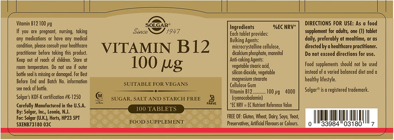 Solgar Vitamin 100 �g B12 Tablets - Pack of 100 - Easy to take form - For healthy nervous system, heart and mind - Red Blood Cell Formation - Vegan - BeesActive Australia