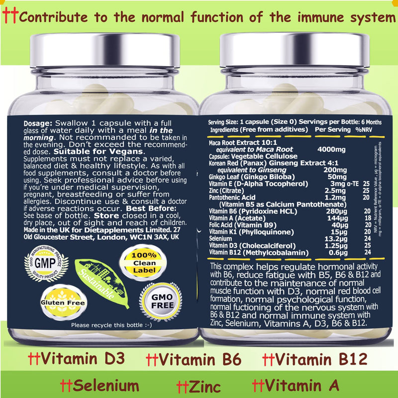 Maca Root 4000mg, Ginkgo Biloba, Korean Red (Panax) Ginseng - 4256mg - Vegan Capsules - Zinc, Vitamins D3, E, B5, B6, B12, A, K, Folic Acid, Selenium for Immune System & Hormonal Activity. 1 Bottle - BeesActive Australia
