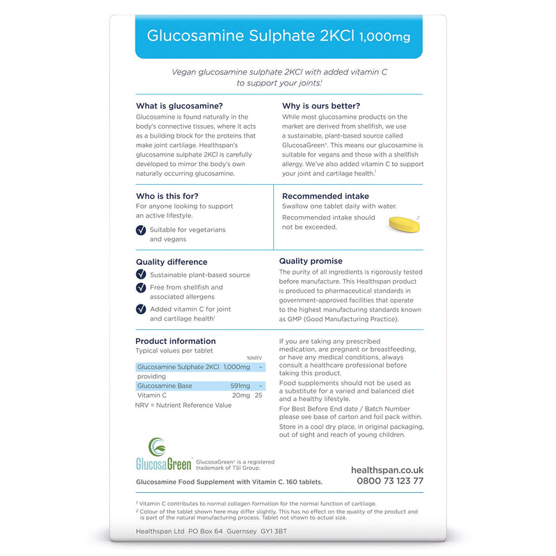 Healthspan Glucosamine Sulphate 2KCI 1,000mg (10 Months� Supply) | Sustainably sourced Plant-Based glucosamine to Support Your Joints | 591mg Glucosamine Base with 20mg Vitamin C | Vegan - BeesActive Australia
