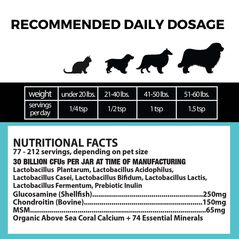 Pet Chef Nutrition Probiotic Powder for Dogs | Includes 30 Billion CFUs, 6 Probiotics, 74 Organic Minerals, MSM, Chondroitin, & Glucosamine | Joint, Gut, Digestive Health, & Diarrhea - 212 Servings - BeesActive Australia