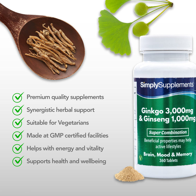 Ginseng & Ginkgo Biloba Tablets | Ultra High Strength Formula | Vegan & Vegetarian Friendly | Popular Supplement for Supporting Vitality and Mental Performance | 360 Tablets | Manufactured in The UK - BeesActive Australia