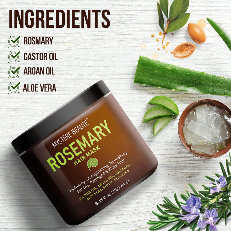 MYSTÉRE BEAUTÉ Rosemary Hair Mask for Dry Damaged Hair with Collagen, Biotin, Argan Oil- Strengthening Hair Masque for Split Ends, Hair Loss and Breakage- 8.45 fl oz - BeesActive Australia