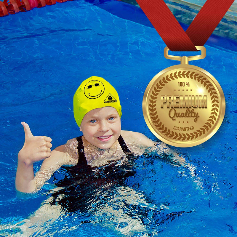 Water Gear Latex Swim Cap - Swimming Caps for Girls Long Hair - Waterproof Swimming Cap - Happy Face Black/Yellow - BeesActive Australia