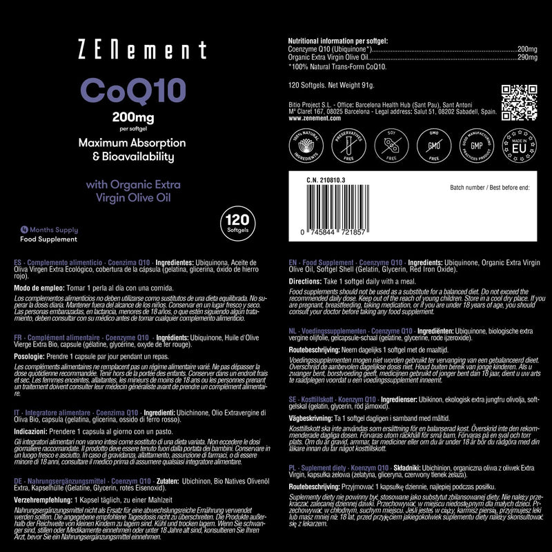 Coenzyme Q10, 200mg | 120 Softgels, with Organic Extra Virgin Olive Oil | 100% Natural CoQ10, Non-GMO, Gluten Free | Zenement - BeesActive Australia