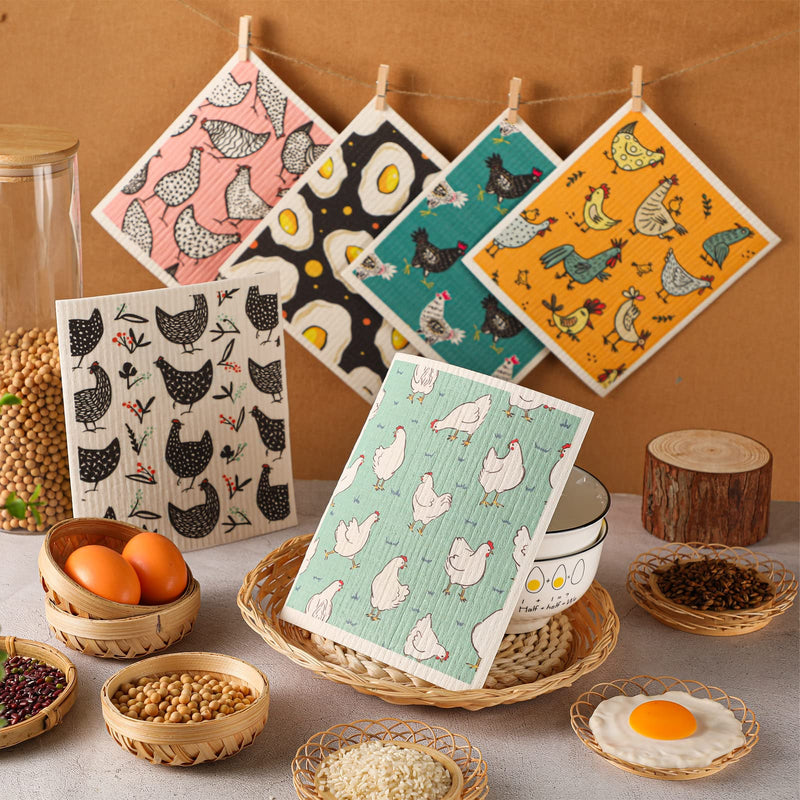 6 Pcs Swedish Kitchen Dish Cloths Kitchen Towels Reusable Sponge Cleaning Cloths Wipes Absorbent Dish Cloth Quick Drying Washable Decorative Tea Towels No Odor Bar Hand Towel (Chicken) Chicken - BeesActive Australia