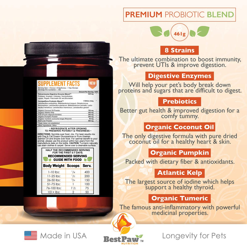Best Paw Nutrition Dog & Cat Premium Probiotic Prebiotic & Digestive Enzymes 5 Billion CFU Organic Turmeric Coconut Oil Pure Pumpkin & Kelp for Healthy Bowels Gut & UTIs - BeesActive Australia