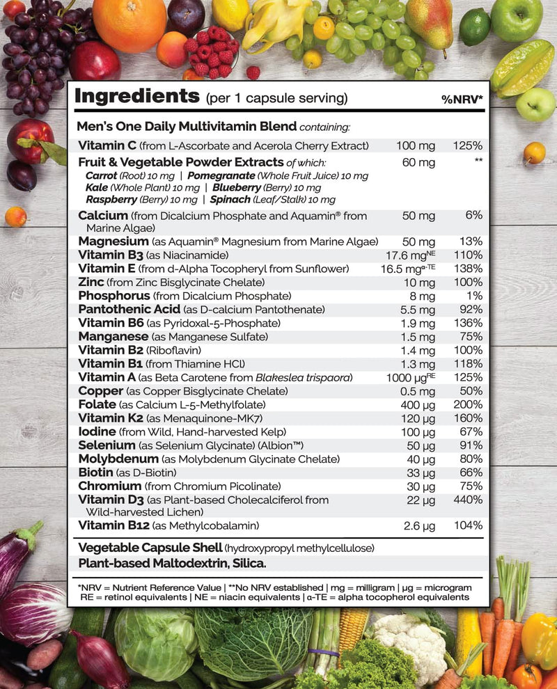 NATURELO One Daily Multivitamin for Men - with Natural Food-Based Vitamins, Minerals, Fruit & Vegetable Extracts - Best for Maintaining Essential Nutrients - 60 Vegan Capsules | 2 Month Supply 60 Count (Pack of 1) - BeesActive Australia
