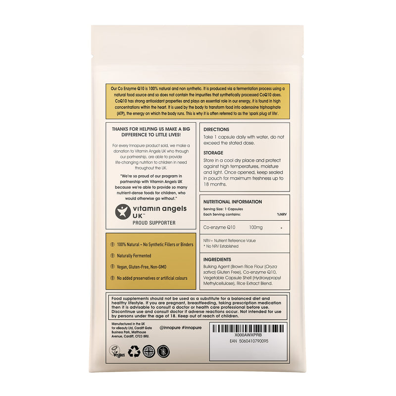 INNOPURE CoQ10 Pure Coenzyme Q10 100mg, Naturally Fermented Supplement, Vegan Society Approved, 90 Capsules, Made in The UK - BeesActive Australia