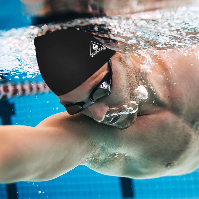 Water Gear Latex Adult Swim Cap - Durable and Flexible Unisex Non-Waterproof - Great for Short and Long Hair - Improve Your Performance - Triathlon Swimmers and Athletes BLACK - BeesActive Australia
