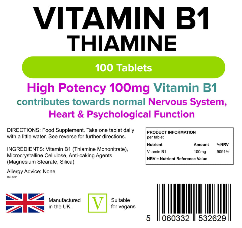Lindens Vitamin B1 Thiamine Tablets - 100 Pack - for Heart, Immune and Psychological Function & Energy Release - UK Manufacturer, Letterbox Friendly - BeesActive Australia