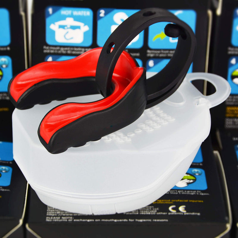 [AUSTRALIA] - Oral Mart Sports Mouth Guard with Strap (6 Best Colors & USA Flag) (Football/Lacrosse/Ice Hockey) - Strapped Mouthguard for Football, Ice Hockey, Lacrosse, College Football (/w Vented Case) Red Blaze Adult (Age 11 & Up) 