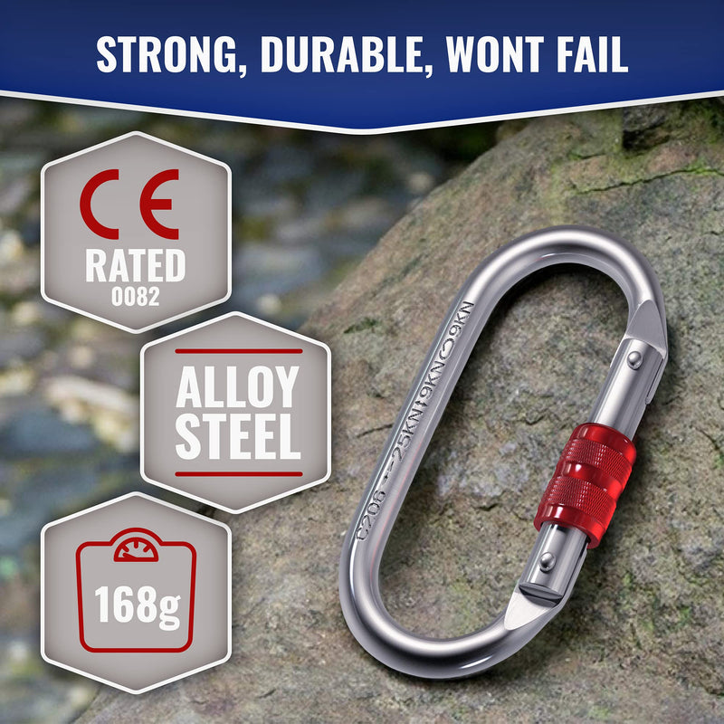 25kn Climbing Carabiner Clip - Heavy Duty O-Shape Steel Locking Caribeaner - UIAA / CE Certified Rock Climbing Gear - Strong Large Locking Oval Caribeener for Mountain Climbing 1pc - BeesActive Australia