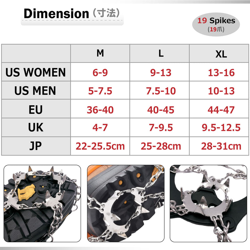 Azarxis Crampons Ice Traction Cleats, Ice Snow Grips for Boots and Shoes, Anti Slip 19 24 Stainless Steel Spikes, Safe Protect for Women Men Walking, Jogging, Climbing or Hiking Black - 19 Spikes Medium - BeesActive Australia