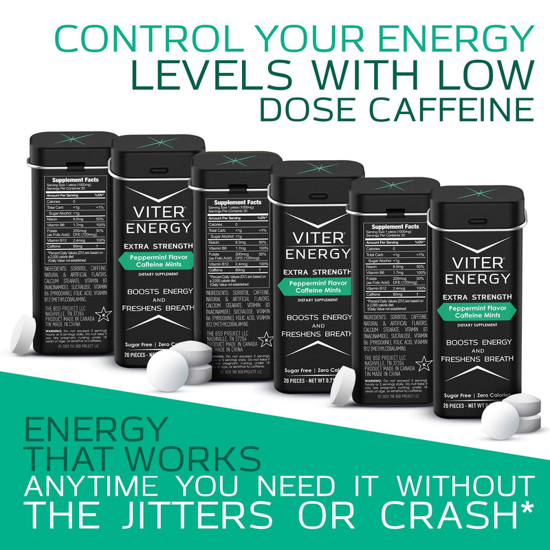 Viter Energy Extra Strength Caffeinated Mints - 80mg Caffeine, B Vitamins, Sugar Free Vegan Breath Mint. Powerful Energizing Boost. 1 Mint Replaces 1 Coffee, Gum, Chews, Gummies (Peppermint, 6 Pack) Peppermint 20 Count (Pack of 6) - BeesActive Australia