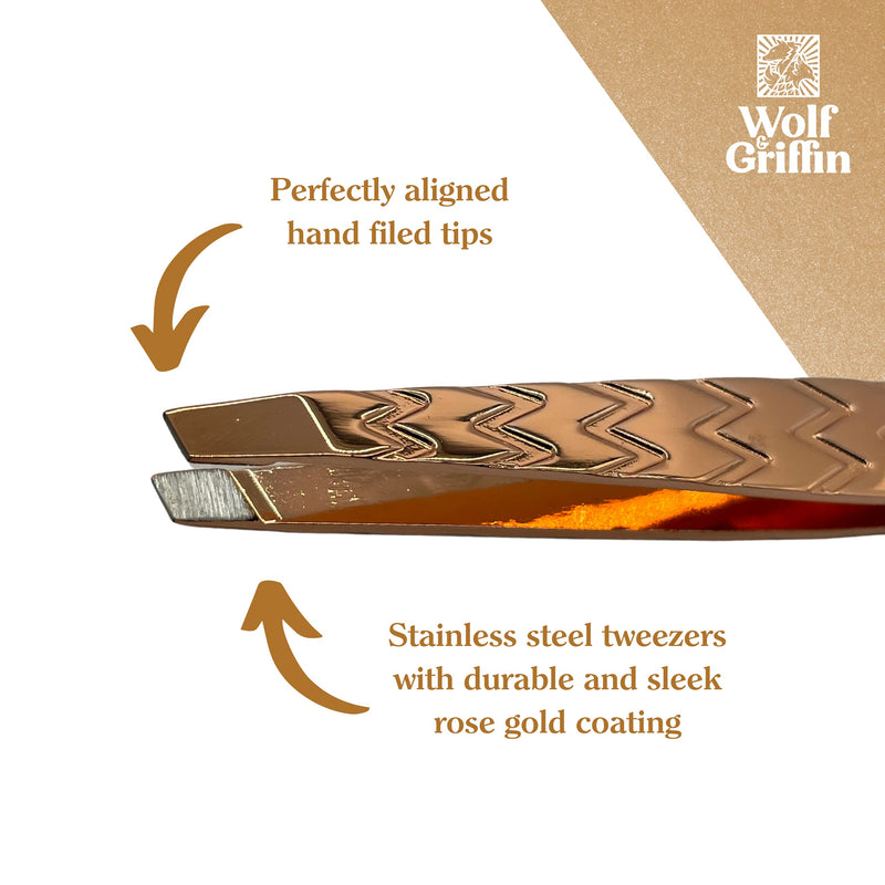 Wolf & Griffin Rose Gold Ultimate Precision Tweezers with Case | Stainless Steel with Rose Gold Coating | Professional Slant Tweezers - BeesActive Australia